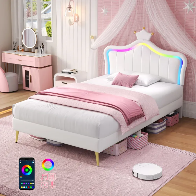 Upholstered PU Leather Bed, Single, in Cream White, with LED Crown Headboard