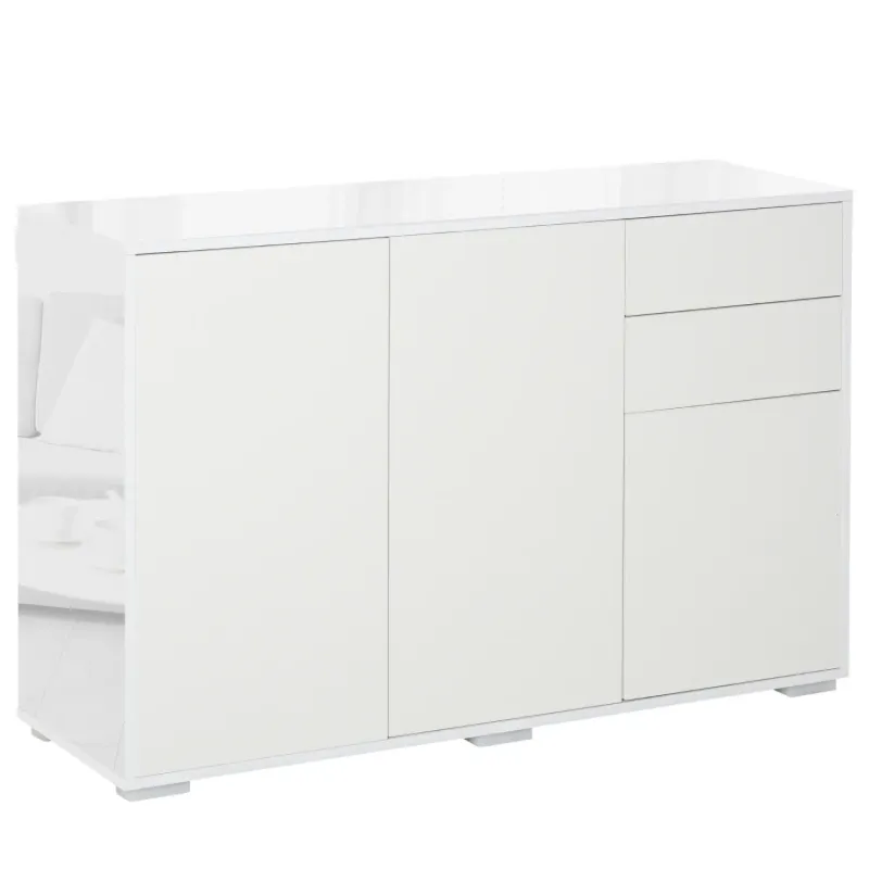 High Gloss White Sideboard with 2 Drawers and 2 Cabinets, Handleless Push-Open Design