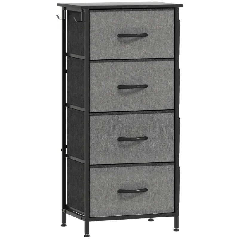 4-Drawer Fabric Chest of Drawers with Side Pockets & Hooks - Charcoal Grey