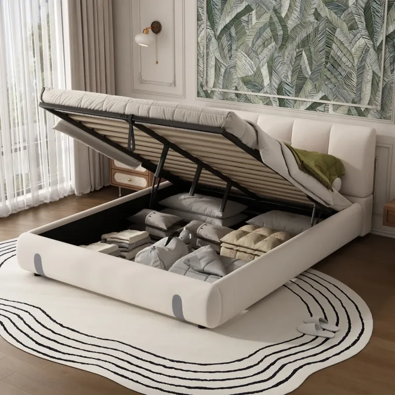 White Velvet Upholstered Ottoman Storage Double Bed