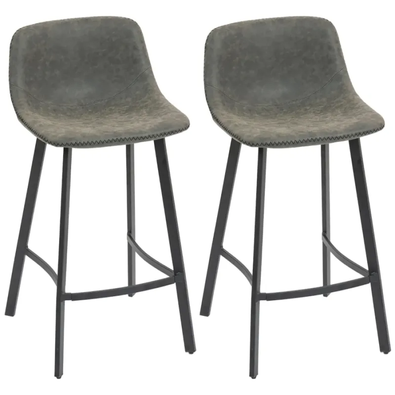  Set of 2 Grey PU Leather Bar Stools with Curved Backrest and Steel Legs