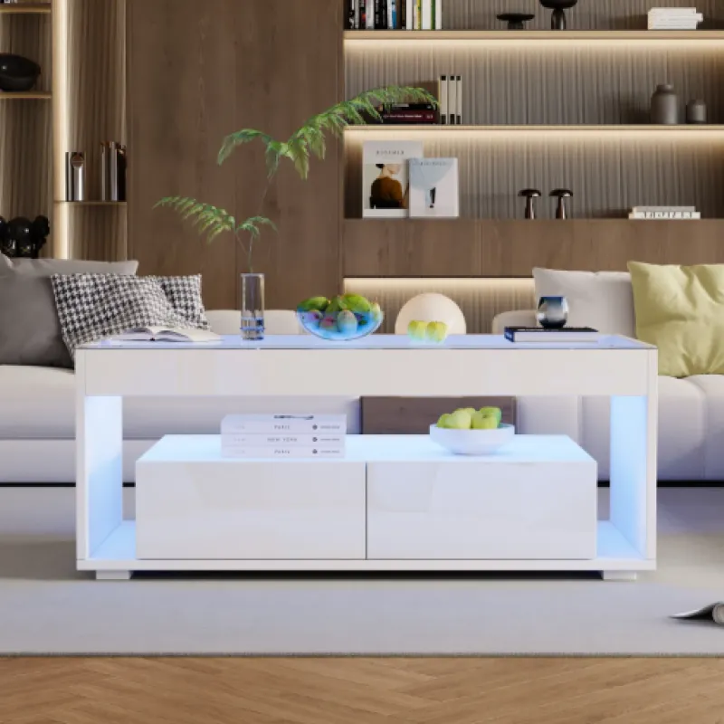 Modern White High Gloss Coffee Table with Smart LED Lighting, Glass Top & 2 Drawers