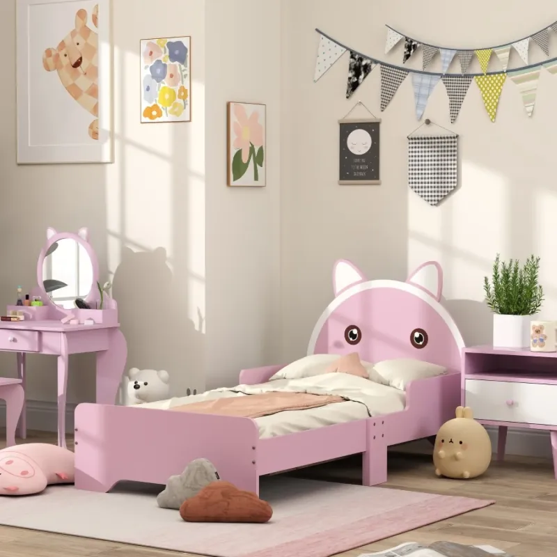 Pink Cat Design Toddler Bed Frame with Guardrails