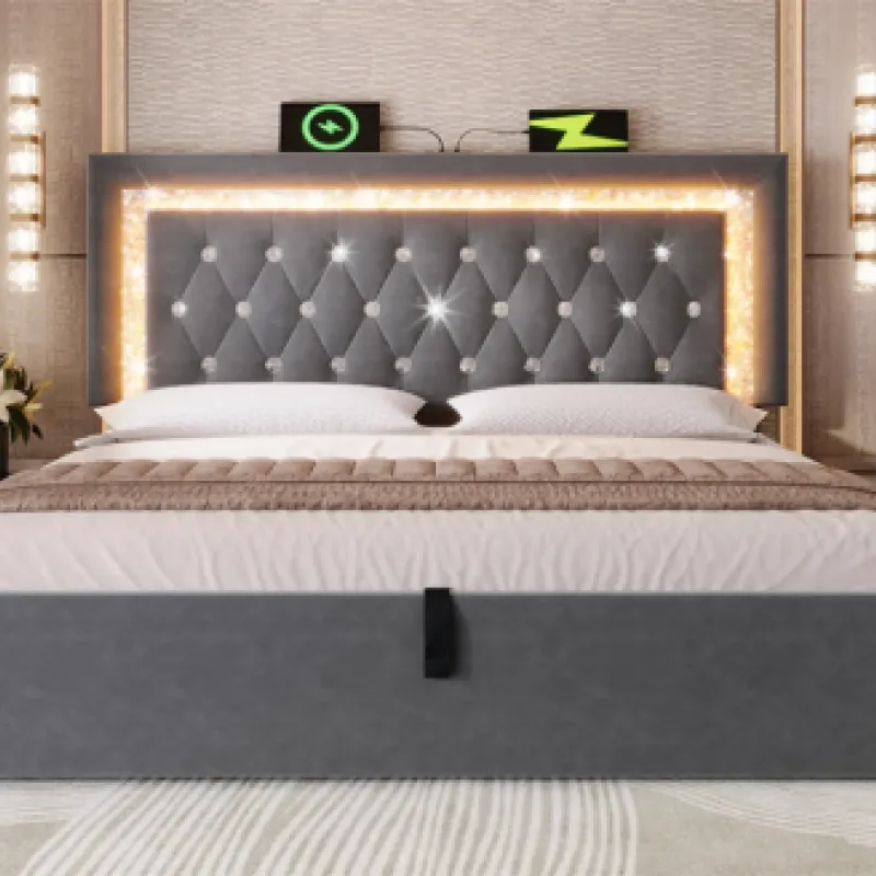 4ft6 Double Grey Velvet Ottoman Bed with LED Headboard and USB Charging