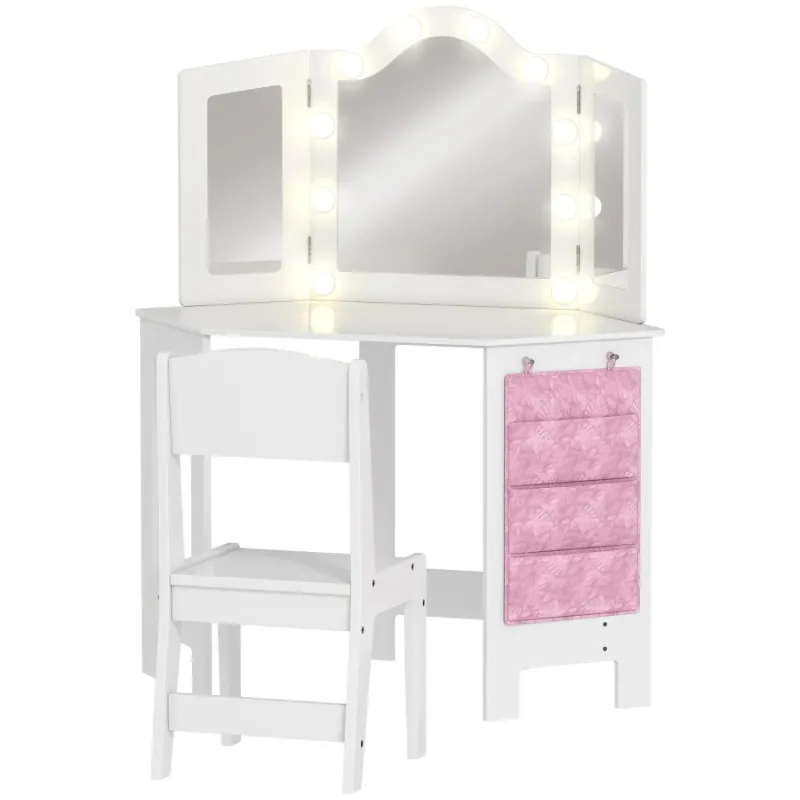 AIYAPLAY Kids Dressing Table and Stool Set with LED Tri-Folding Mirror - White