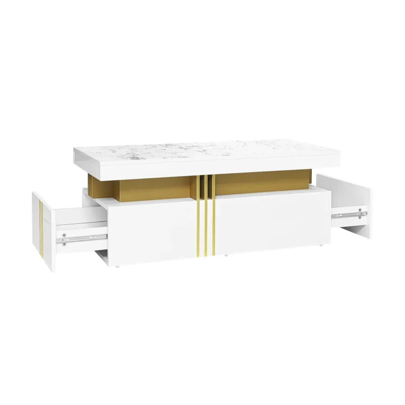 Rectangular Coffee Table, Marble Effect in White, with 2 Drawers