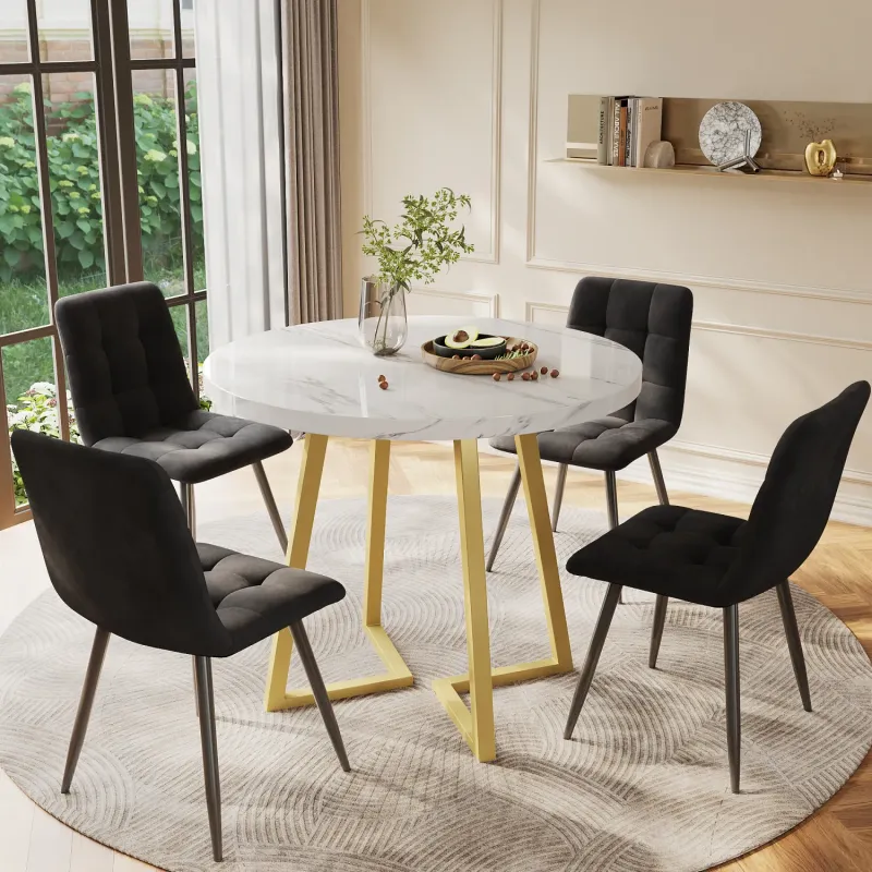 80cm Round Marble Effect Dining Table and 4 Black Velvet Chairs with Gold Legs