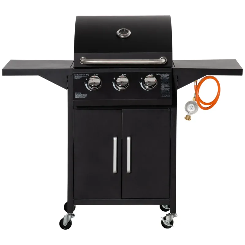  3-Burner Gas Barbecue Grill with Side Shelves and Storage Cabinet - Black