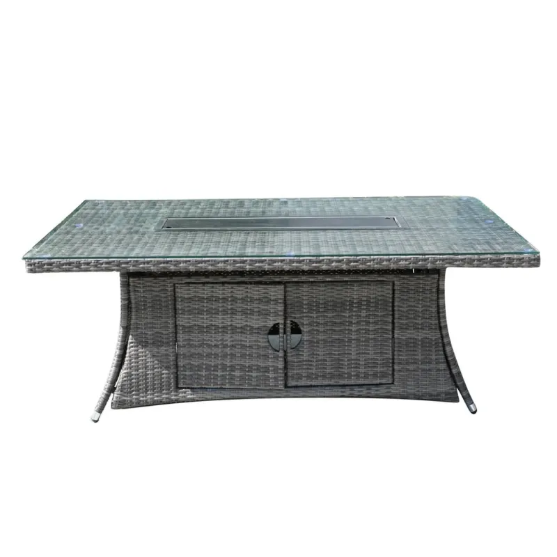 6-Seater Rectangular Rattan Fire Pit Dining Table with 180cm Glass Top