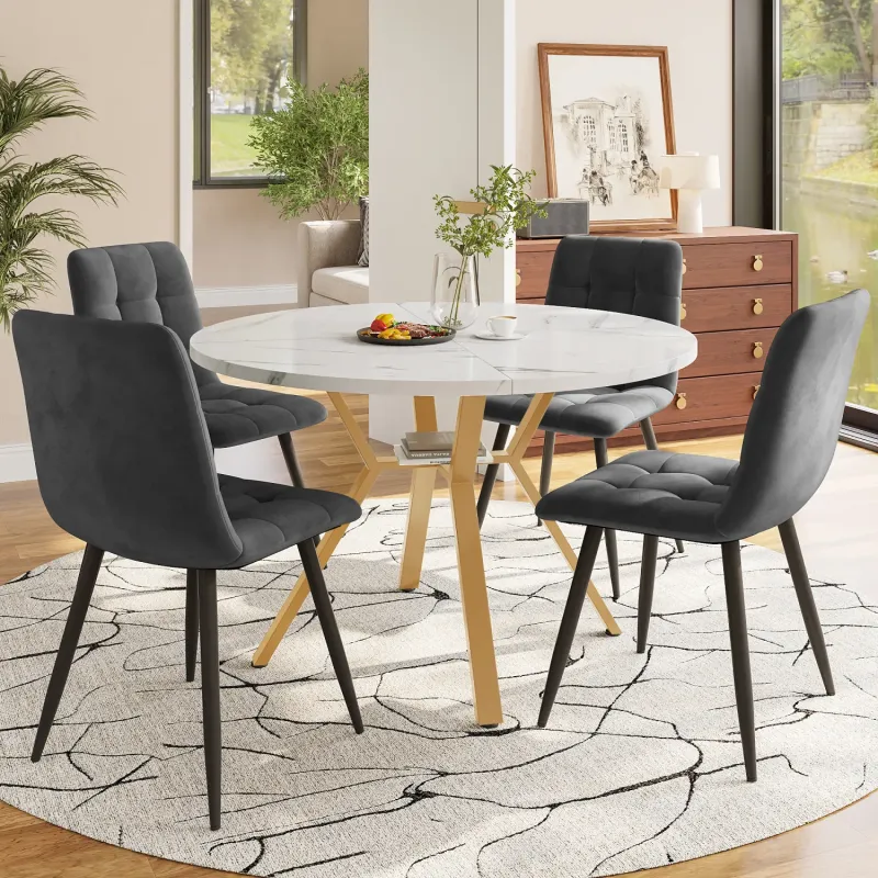 100cm Round Marble Effect Dining Table and 4 Grey Velvet Chairs Set