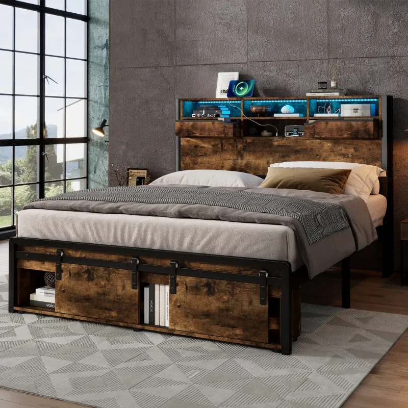 4ft6 Double Metal Bed Frame with LED Lights, USB Charging Ports and Integrated Storage - Black and Wood