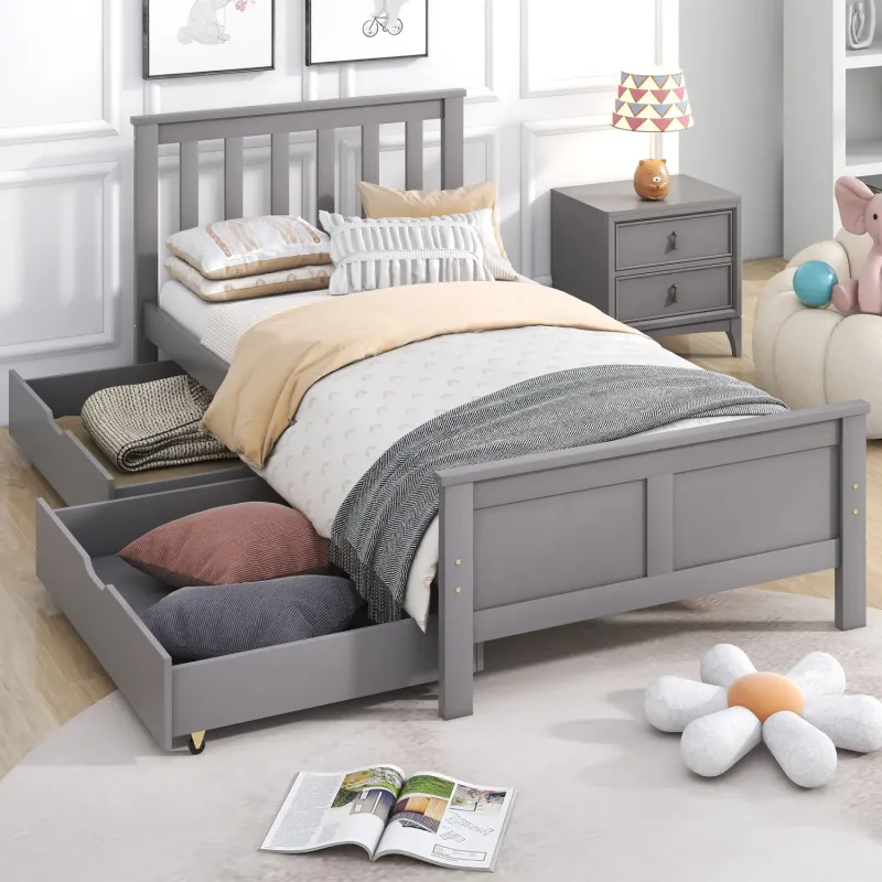 Solid Pine Single Bed Frame with Underbed Storage Drawers - Grey
