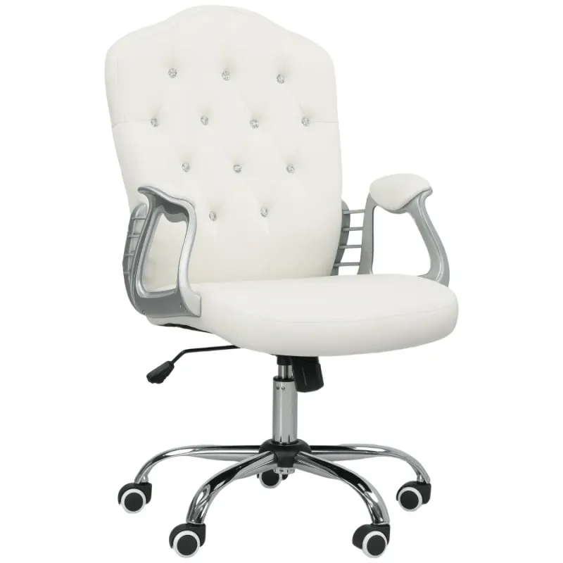 Cream Velvet-Feel Home Office Chair with Diamante Tufted Back