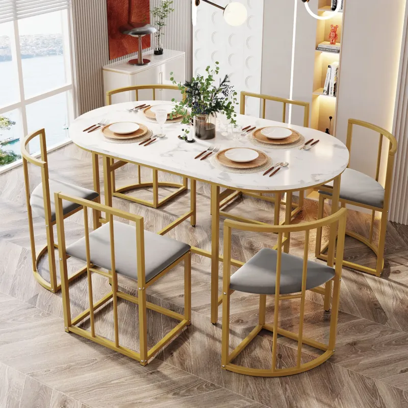 Modern 6-Seater Dining Set with White Table, Grey Velvet Chairs and Gold Frame