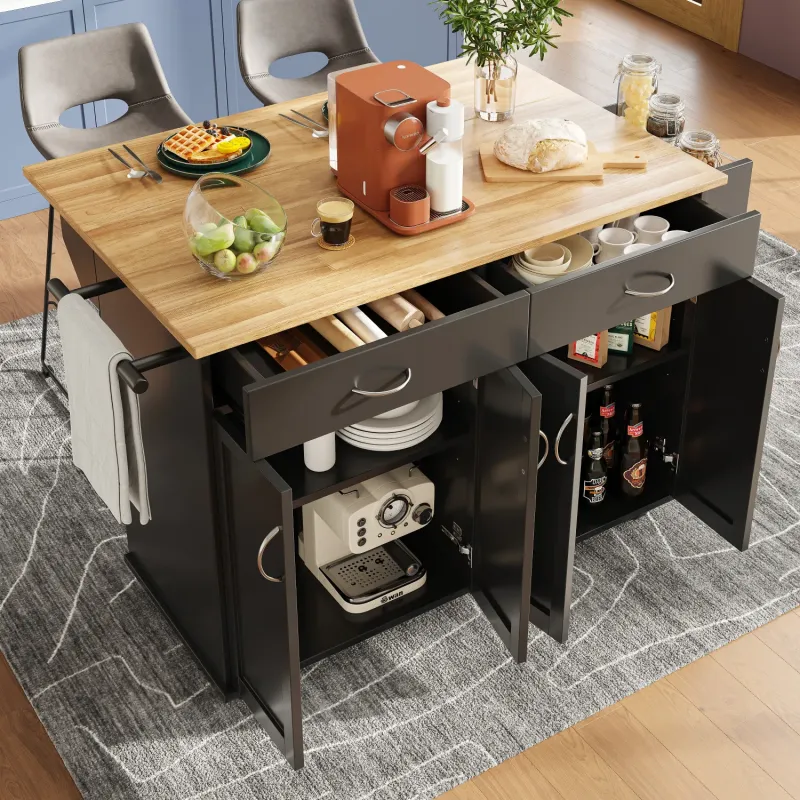 Mobile Kitchen Island Trolley with Drop-Leaf Breakfast Bar and Storage - Black