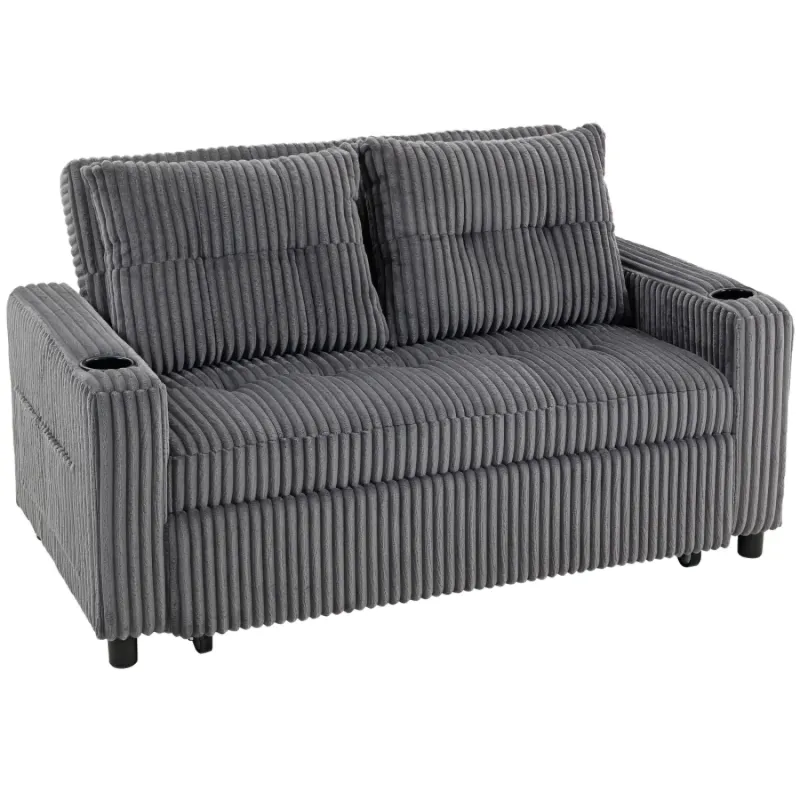  Charcoal Grey Corduroy 2 Seater Sofa Bed - Pull Out Guest Bed with Cup Holders