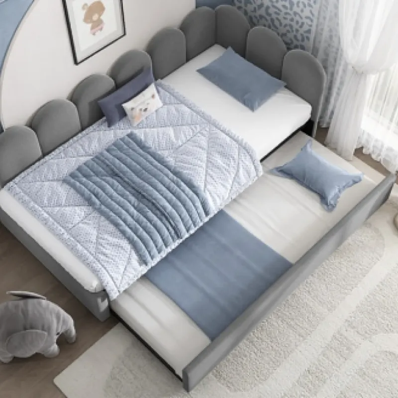 3FT Single Grey Velvet Daybed with Pull-Out Trundle Guest Bed