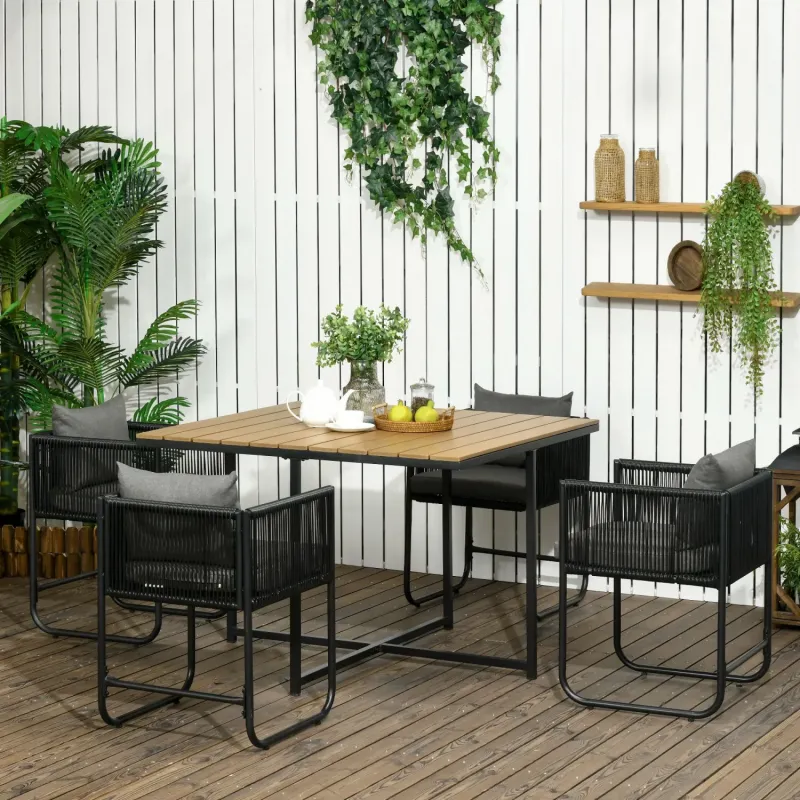  4 Seater Rattan Cube Garden Dining Set with Wood-Effect Table - Black