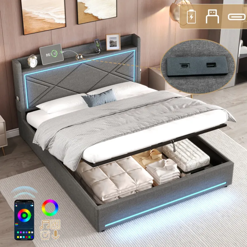 Ottoman Storage Bed, Double, Linen in Grey, with LED Lighting and Charging Station