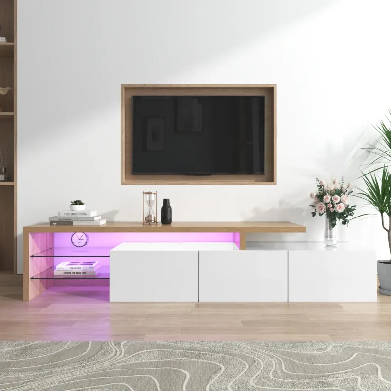 192cm High Gloss White and Natural Wood Effect TV Stand with LED Lighting