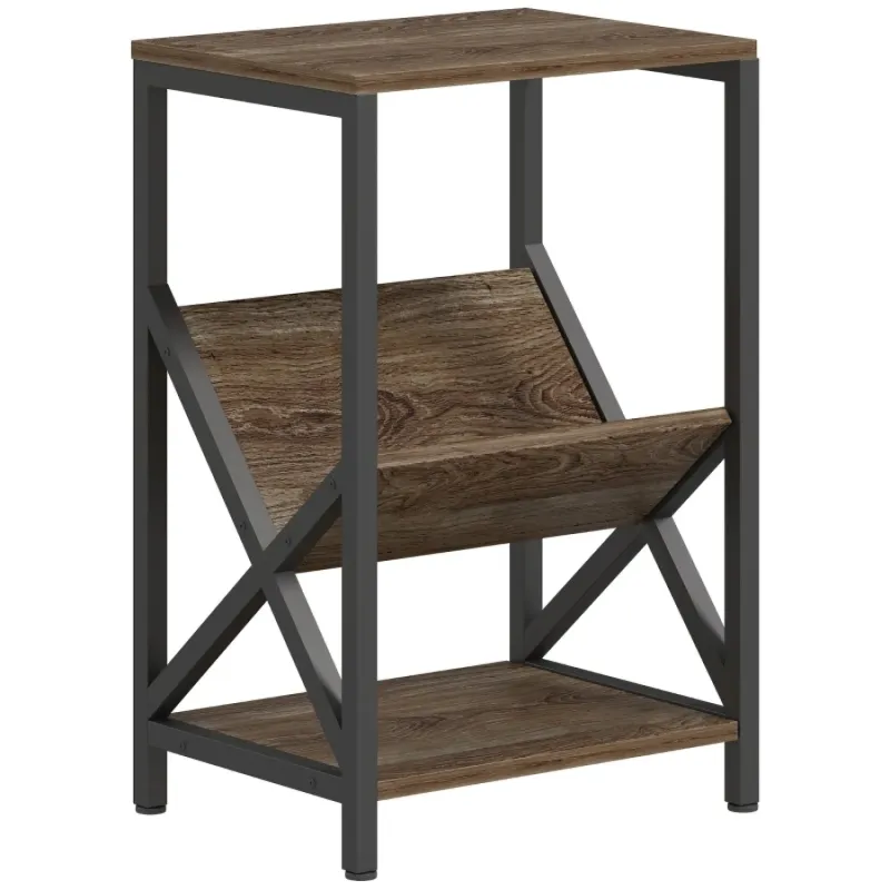  Narrow Side Table with Magazine Holder - Oak and Black Industrial Style