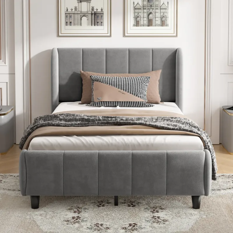 Velvet Upholstered Bed, Single, in Grey, with Vertical Stripe Headboard