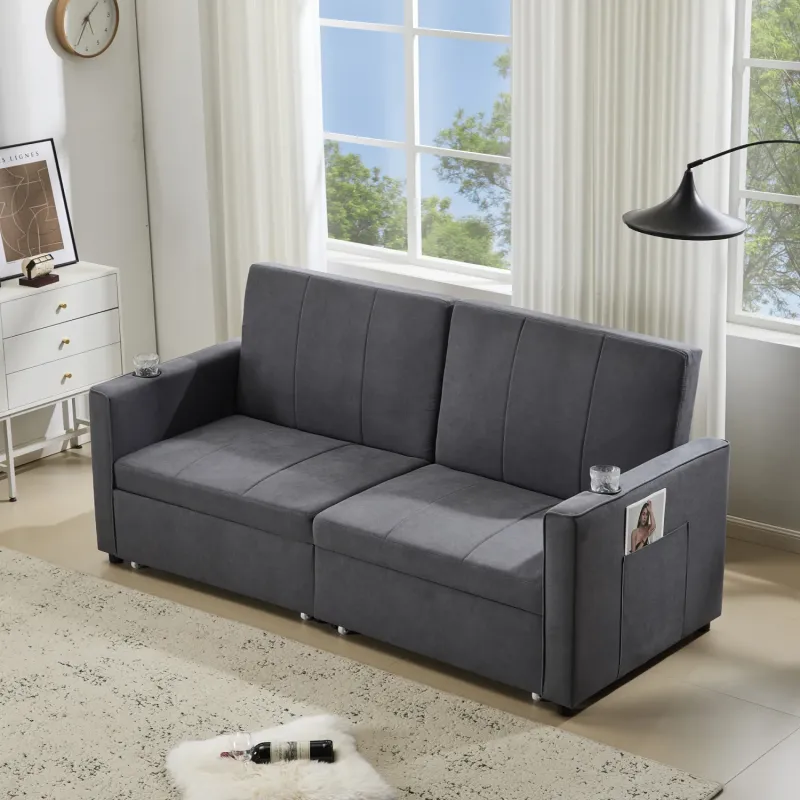 207cm 3-Seater King Size Pull-Out Sofa Bed with Independent Recliners and Storage