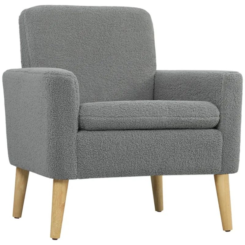 Grey Teddy Fleece Accent Chair with Solid Wood Legs