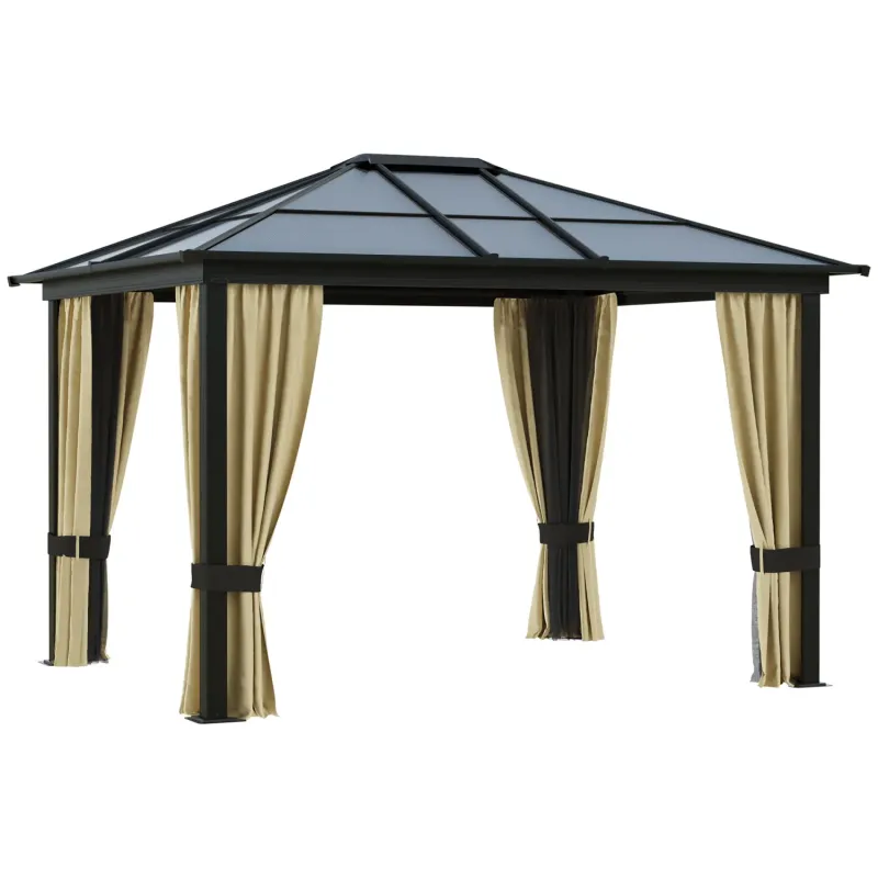  3m x 3.6m Aluminium Hardtop Gazebo with Polycarbonate Roof and Netting - Brown