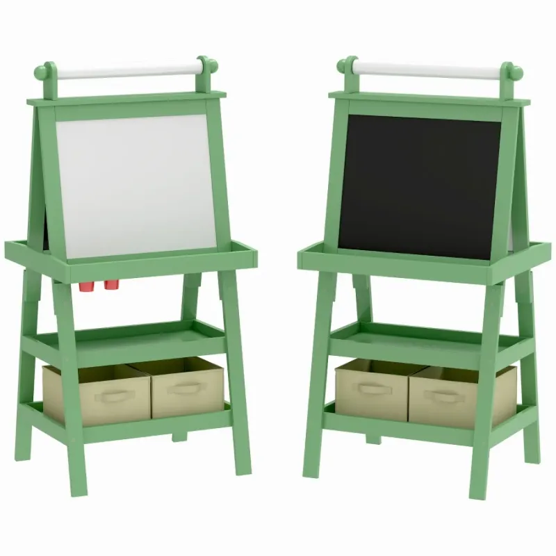 3-in-1 Kids' Art Easel with Magnetic Whiteboard, Chalkboard and Storage - Green