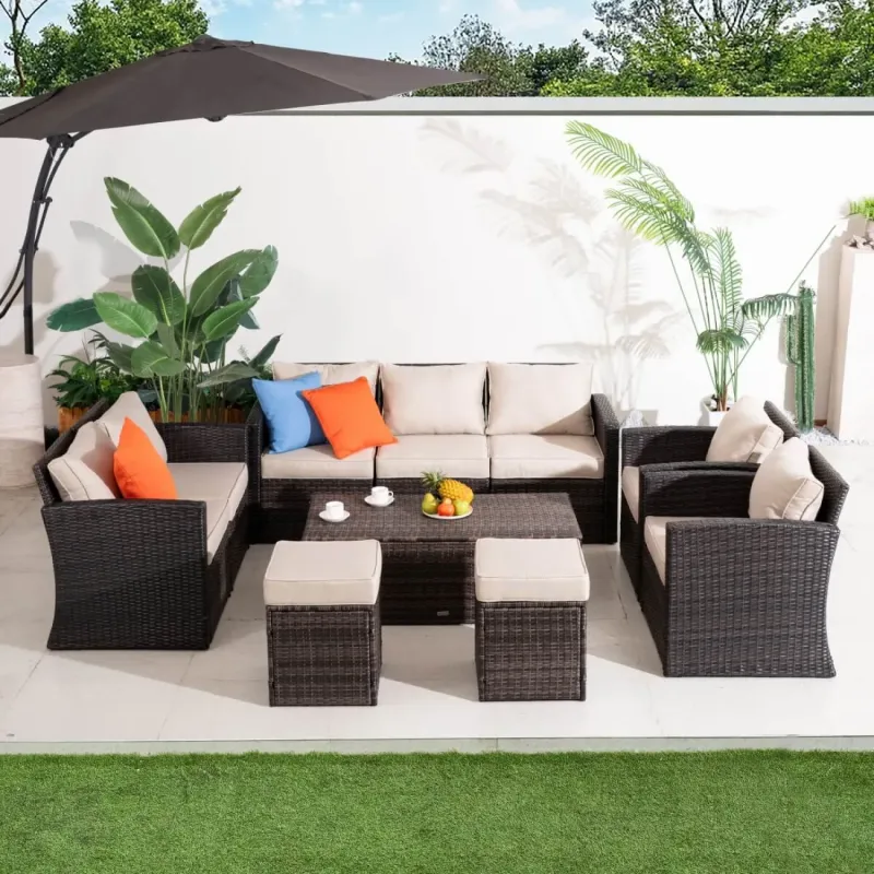 Naples 9-Seater Modular Rattan Garden Sofa Set with Storage Coffee Table and Footstools, Grey