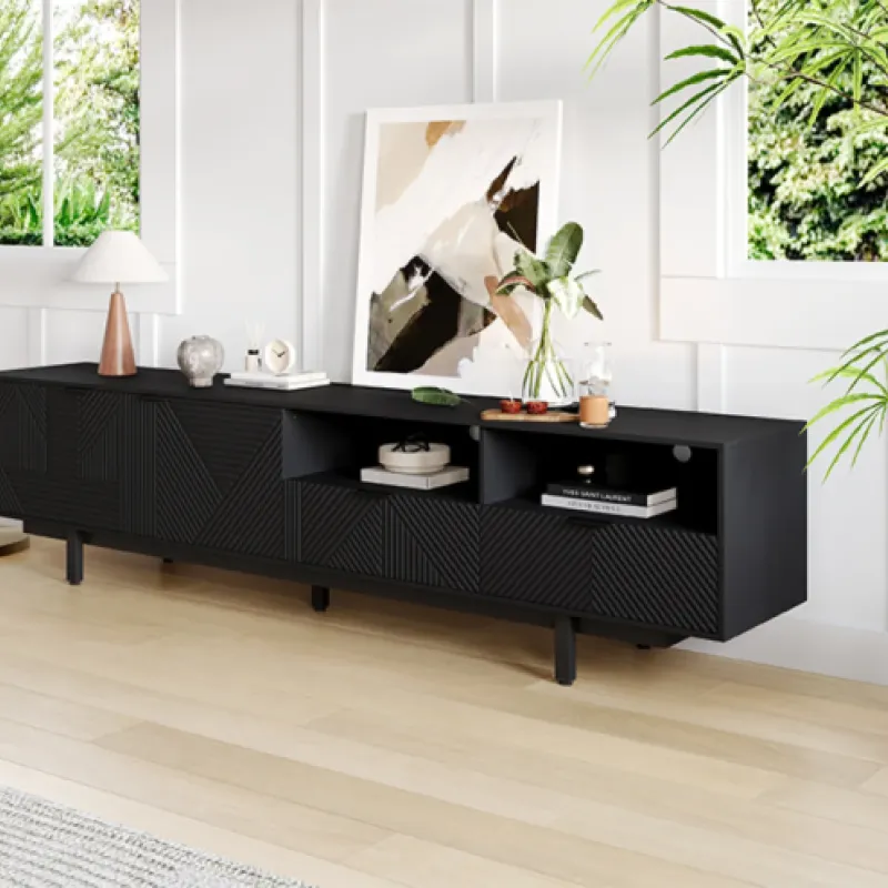 Particle Board TV Stand, 200cm, in Black, with Geometric Line Art and Metal Legs