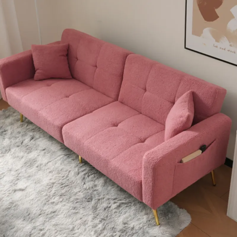 Pink Sherpa 2-Seater Sofa Bed with Gold Legs and Side Pockets