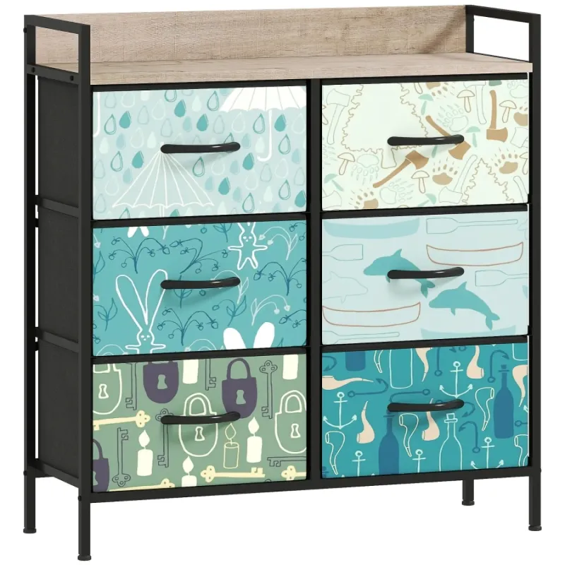 6-Drawer Fabric Chest of Drawers with Patterned Fronts - Blue