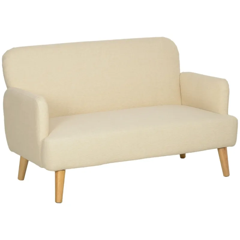 2 Seater Cream White Velvet-Feel Sofa Loveseat with Wooden Legs