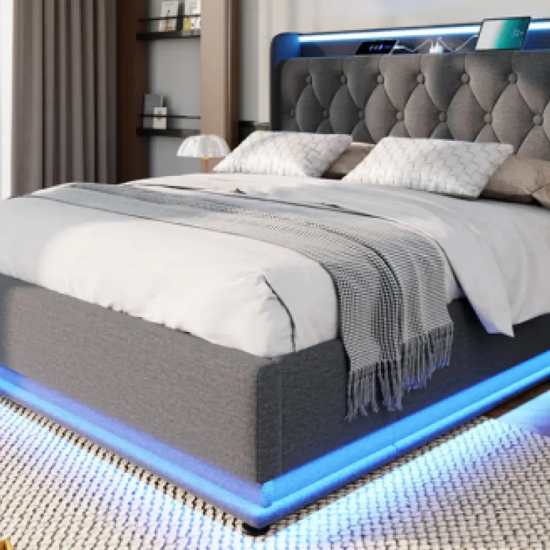 5ft King Size Upholstered Ottoman Bed with 360° LED Lighting, Hydraulic Storage & USB Charging - Grey Linen