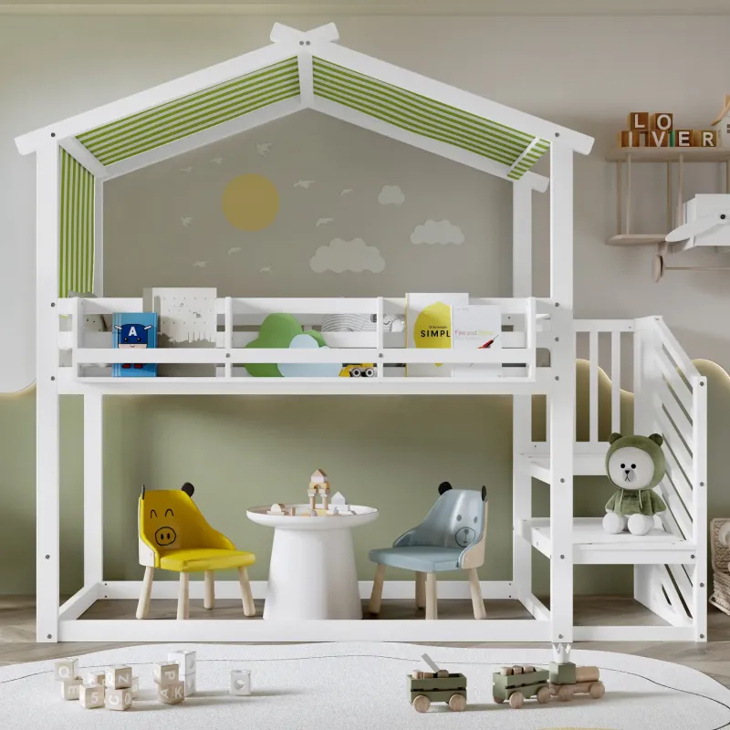 Kids' 3ft Single Loft Bed with Decorative Canopy, Corner Staircase and Integrated Bookshelf - White & Green