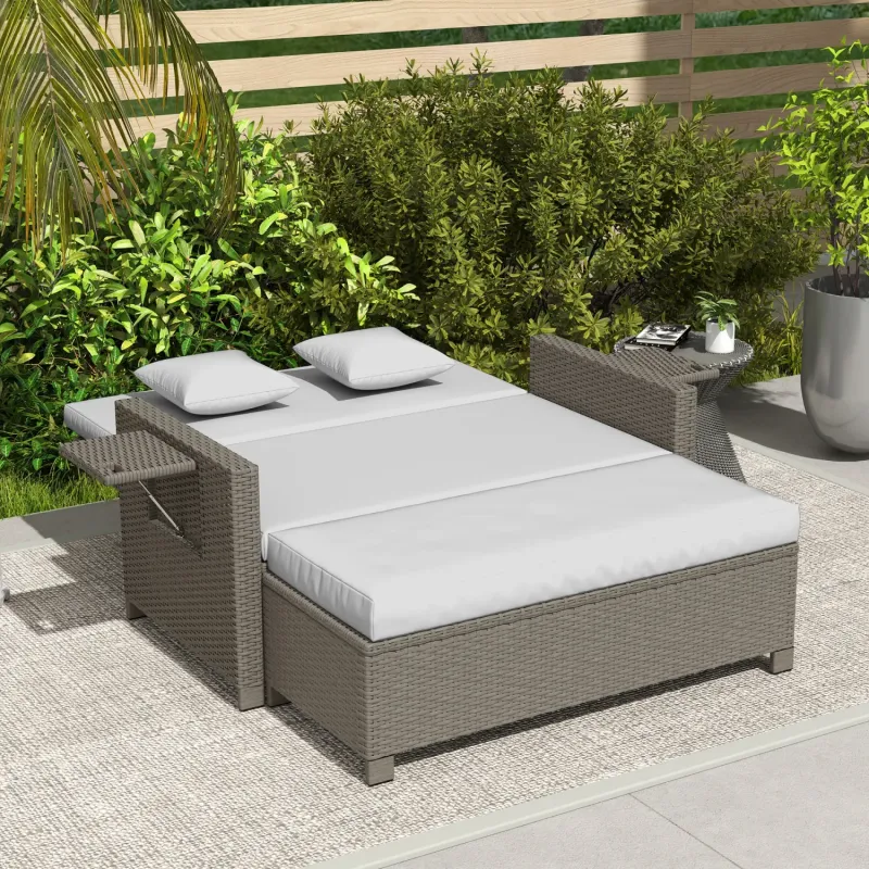  Rattan Day Bed with Storage Footstool and Side Trays - Light Grey