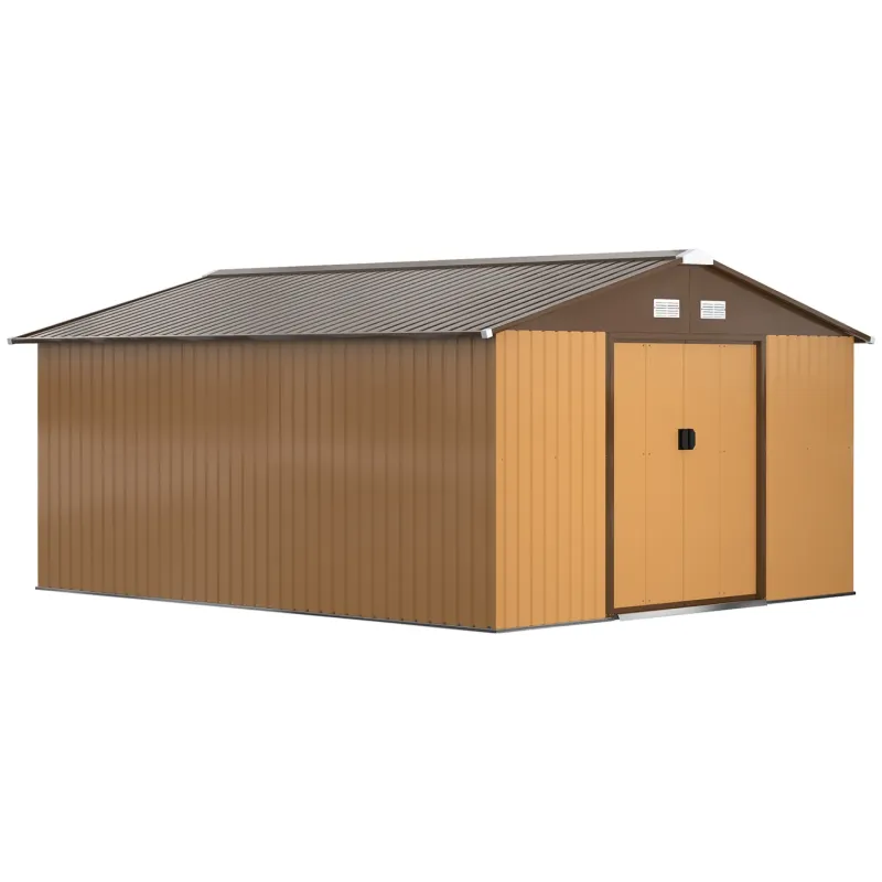  13 x 11ft Large Metal Garden Shed with Foundation Kit and Lockable Double Doors - Light Brown