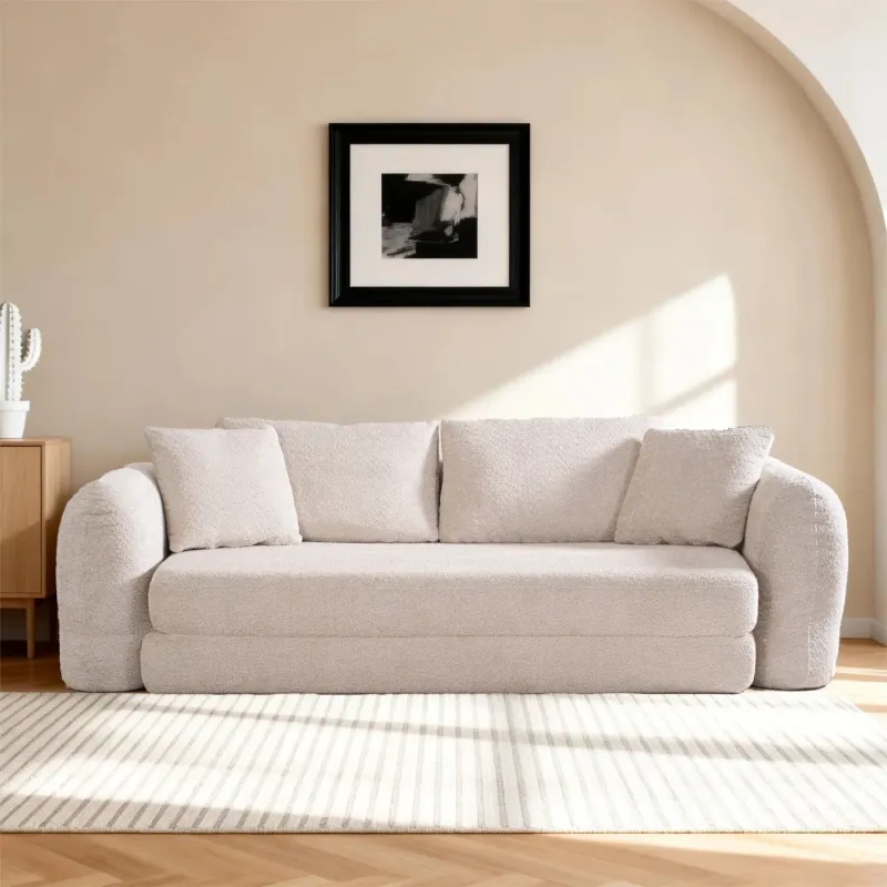 Softy Fabric Sofa Bed, 239cm, in Beige, with Pull-Out Function and High-Density Foam
