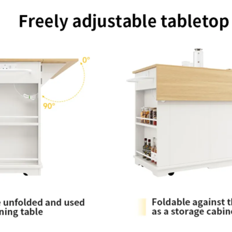 Large Kitchen Island Trolley with Folding Breakfast Bar and Integrated Power Sockets - White