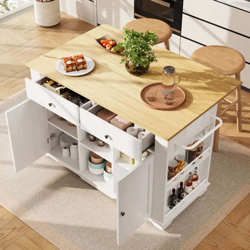 Large Kitchen Island Trolley with Drop-Leaf Breakfast Bar and Integrated Power Outlets - White