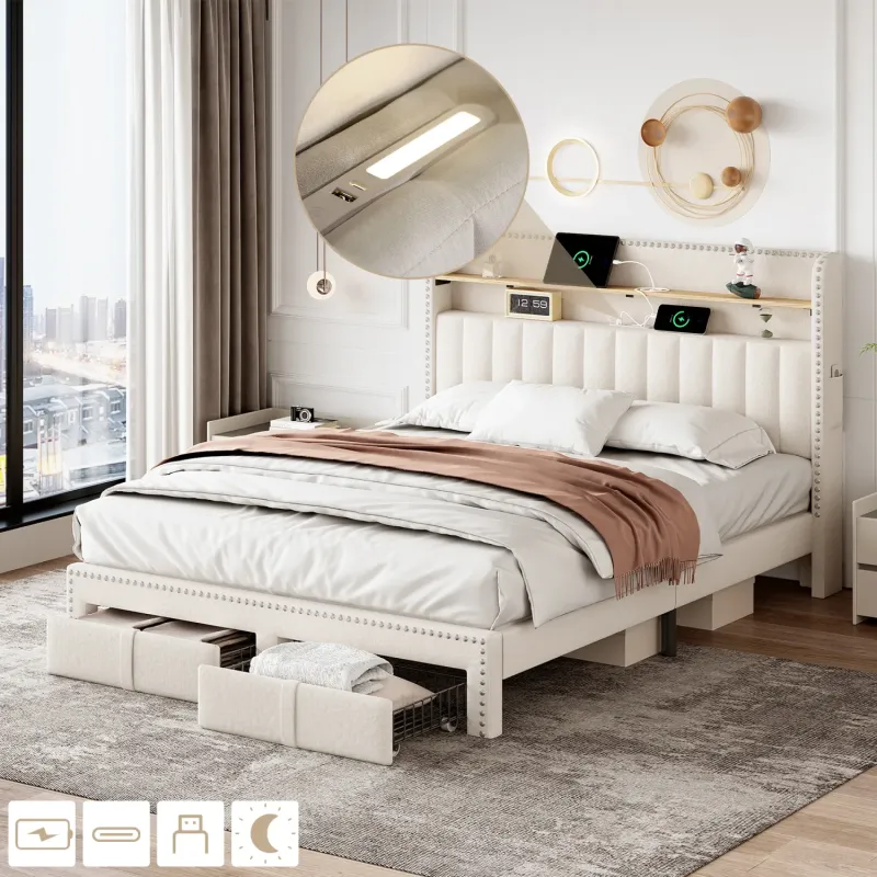 Upholstered Bed, Double (4ft6), Linen in Beige, with Storage Drawers and USB Charging