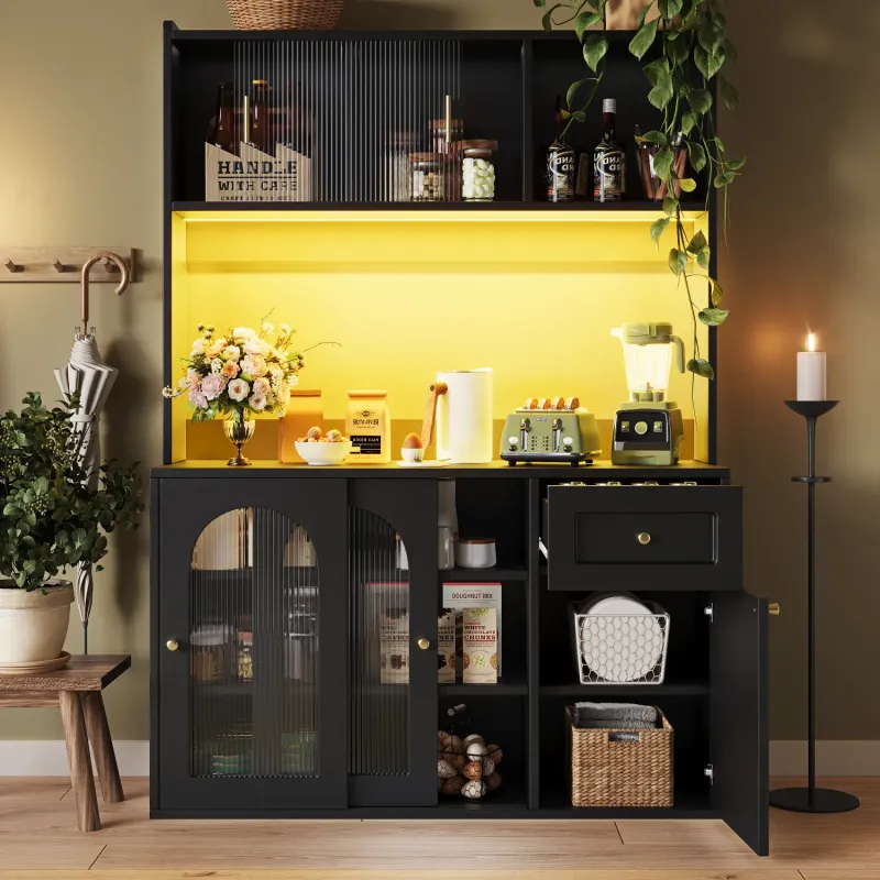 120cm Tall Kitchen Pantry Cupboard with LED Lighting, Glass Display Doors & Adjustable Shelves