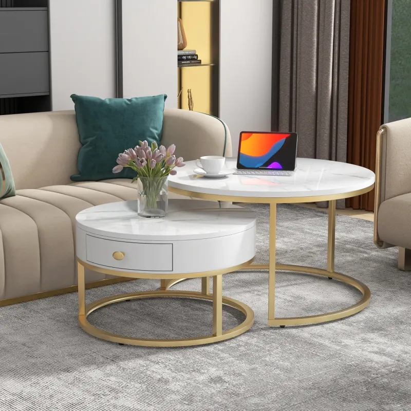 Set of 2 Nesting Round Coffee Tables with Marble-Effect Top, Storage Drawer and Gold Frame