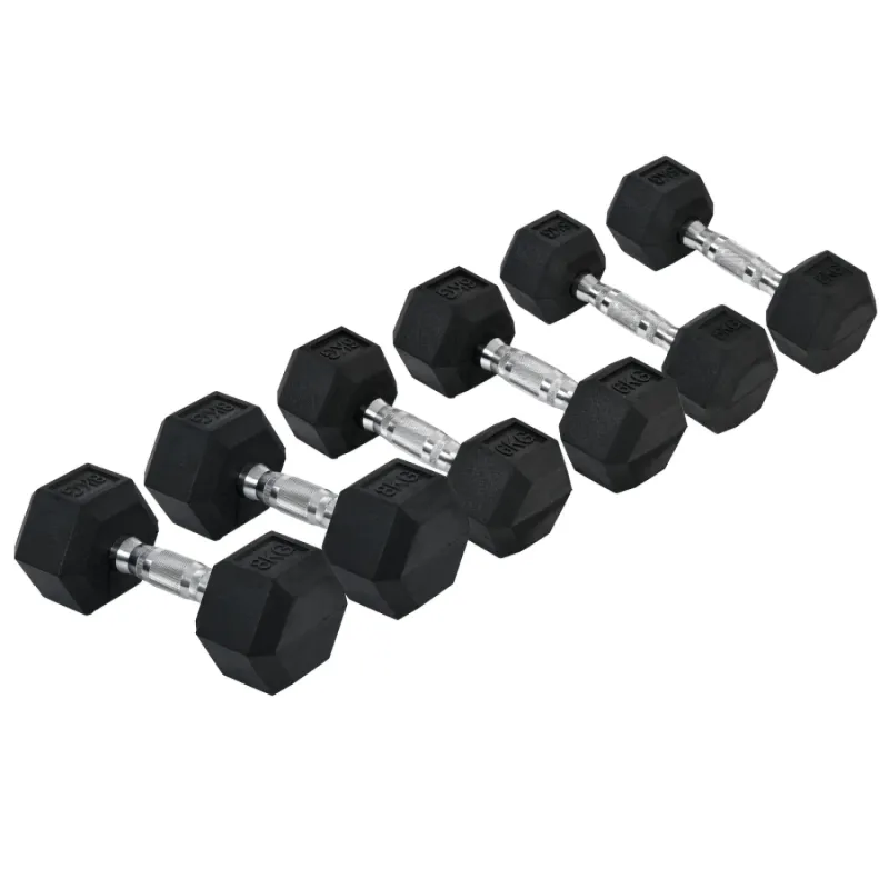 38kg Hex Rubber Dumbbell Set - 2 x 5kg, 2 x 6kg and 2 x 8kg Weights