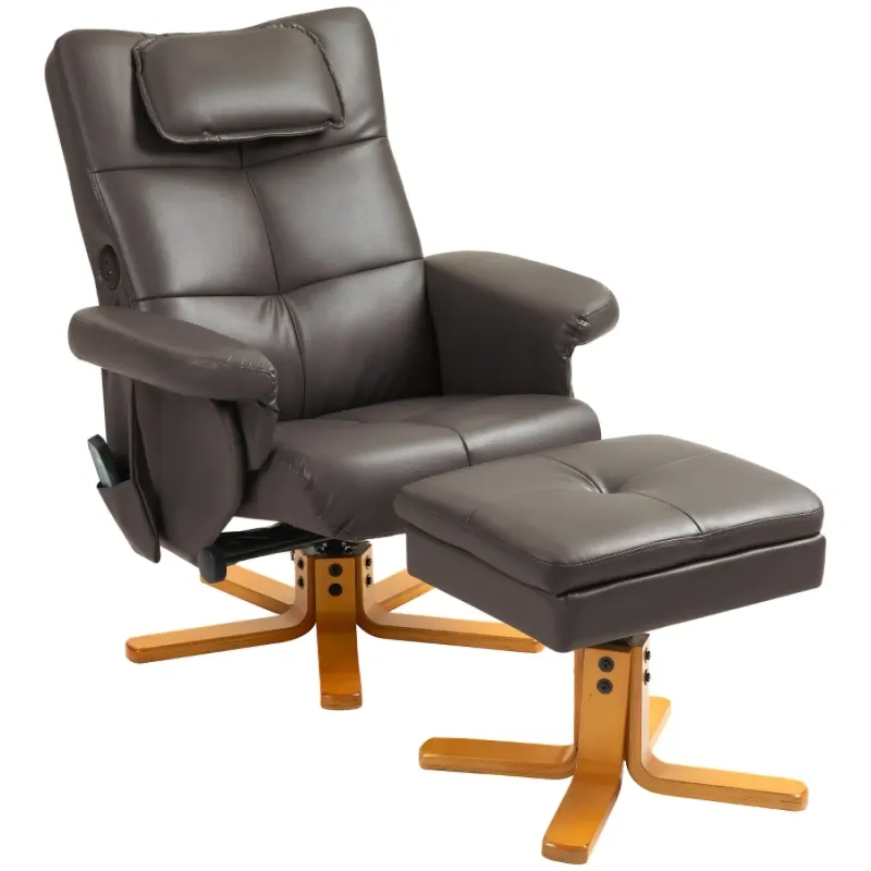 Faux Leather Massage Recliner Chair with Storage Ottoman - Brown