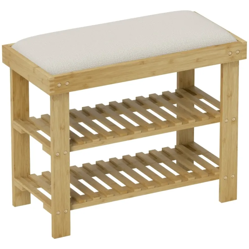 Bamboo Shoe Storage Bench with Cream Padded Seat, 2-Tier Hallway Shoe Rack