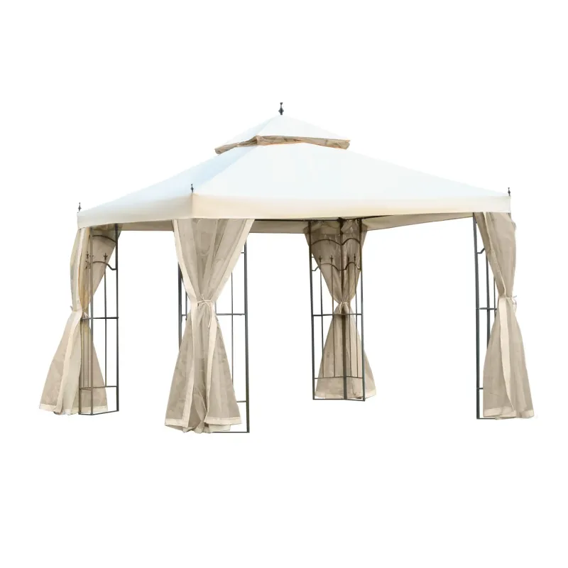  3m x 3m Garden Gazebo with Double-Tier Roof and Mesh Curtains - Cream White