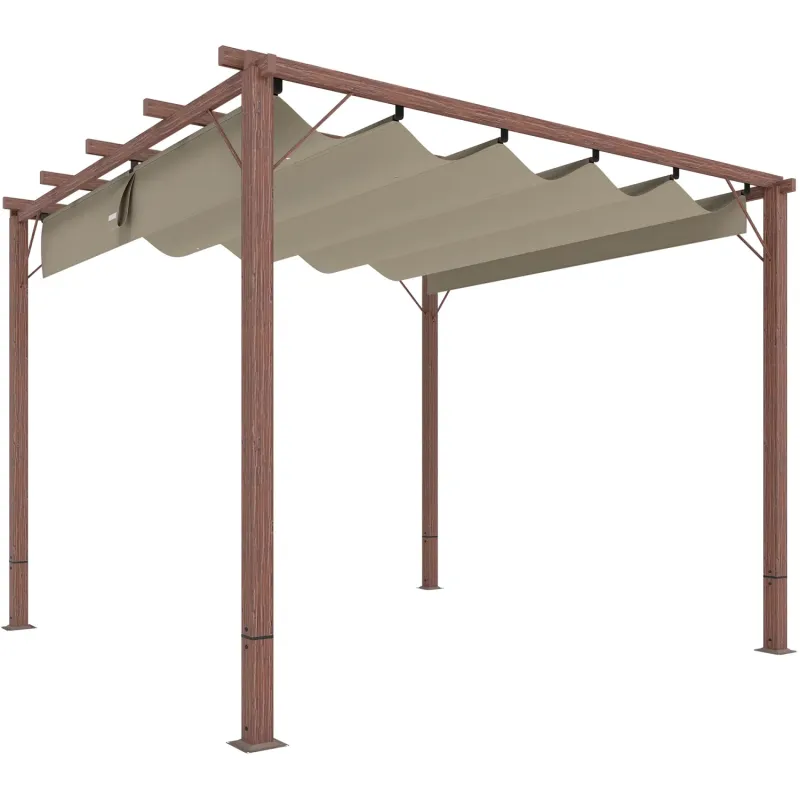 Outsunny 3m x 3m Retractable Roof Pergola with Wood-Effect Aluminium Frame